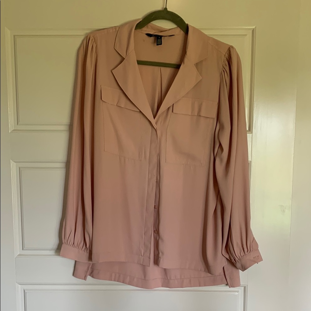 White House Black Market Pink Long Sleeve Notched Collar Blouse